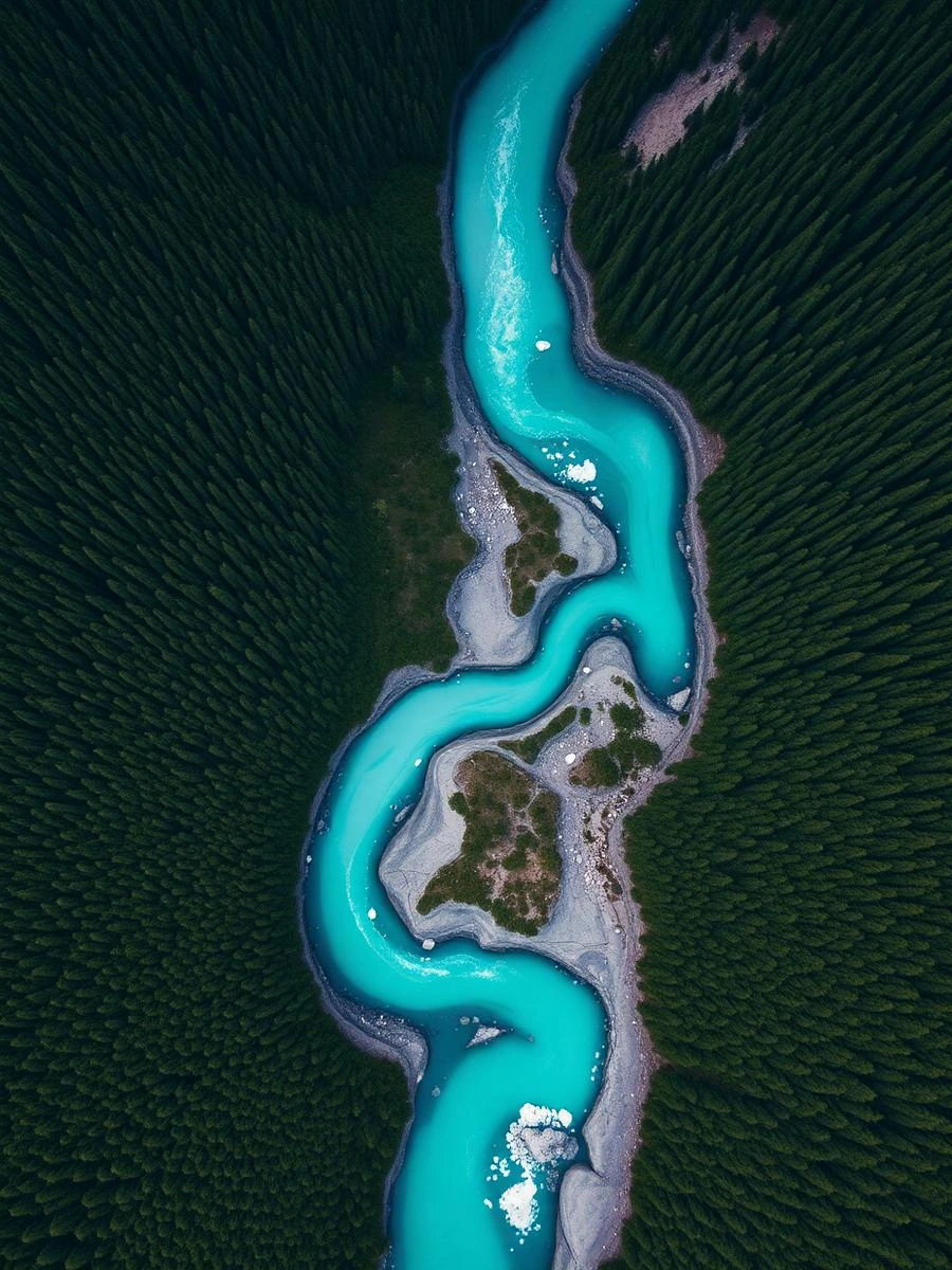 Aerial of a turquoise glacial river through forest